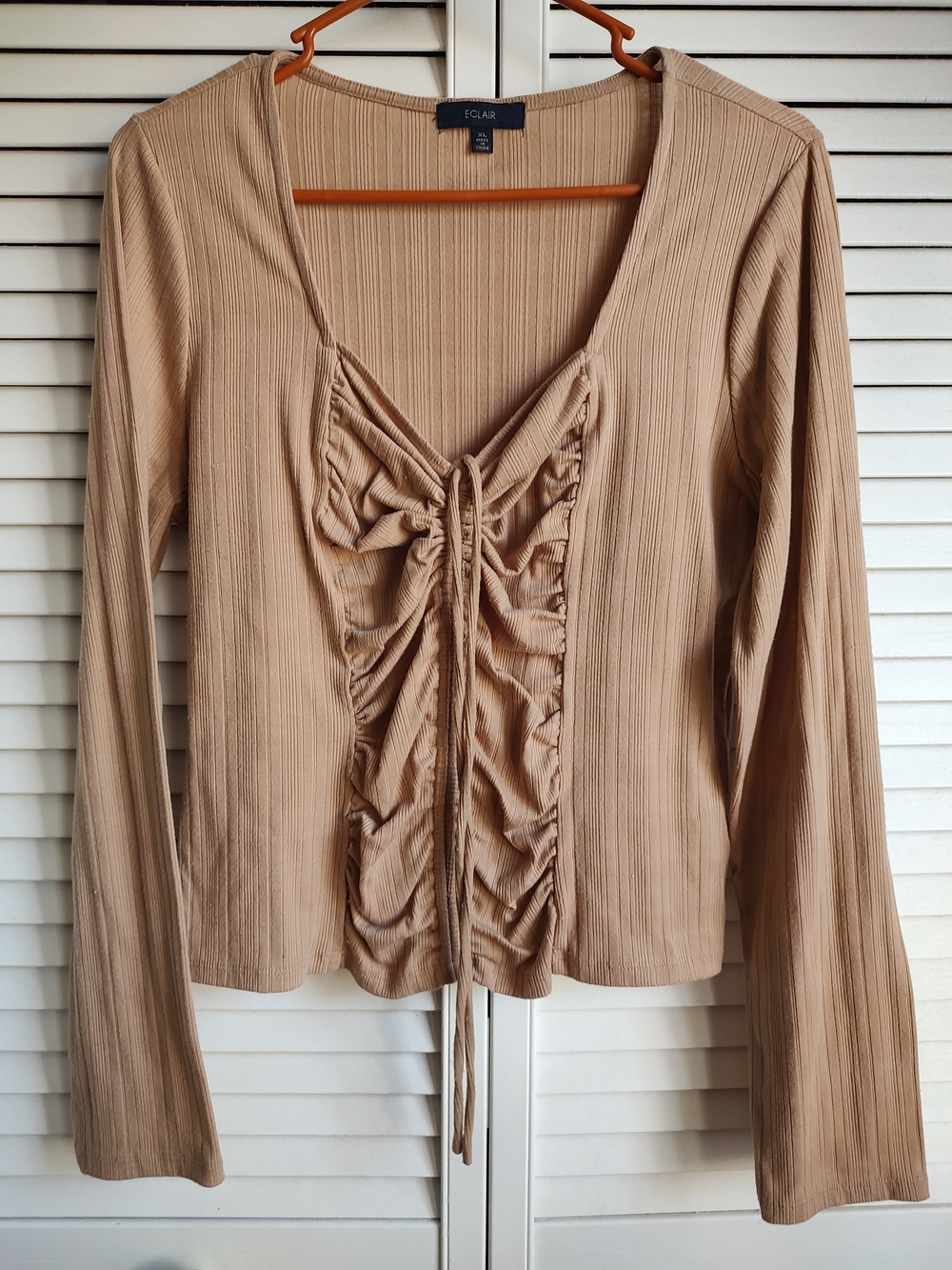 EC LAIR Beige Ruched V-Neck Long Sleeve Top